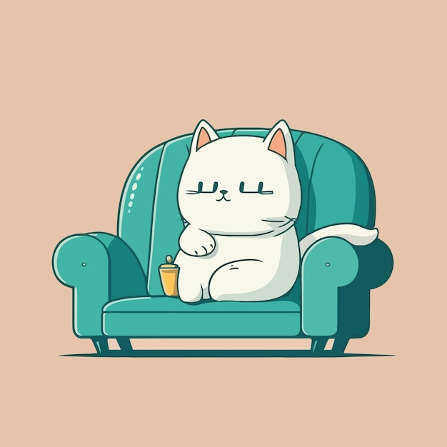Un gato blanco sentado en un sofá con una taza de té.