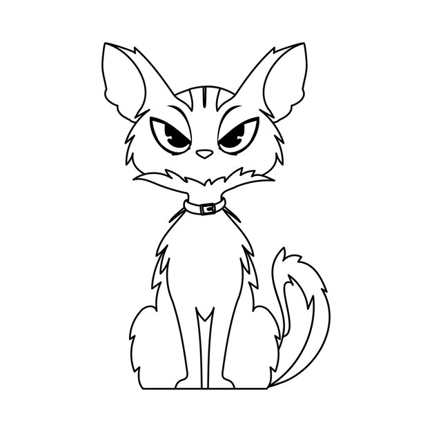 Un gato bonito con una mirada tonta está sentado al estilo lineal