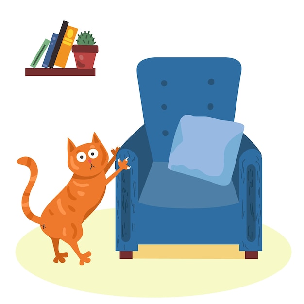 El gato bromista afila sus garras en un sillón Estilo plano de dibujos animados Ilustración vectorial