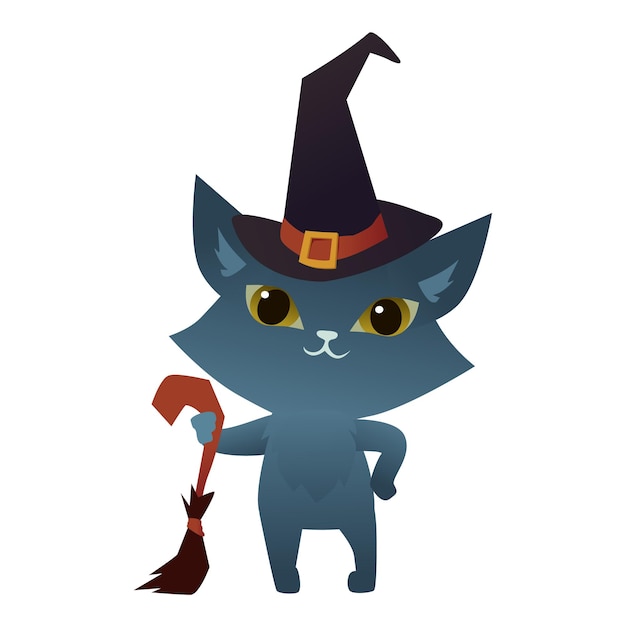 Gato brujo sobre un fondo blanco con un sombrero de mago y sosteniendo una plantilla de diseño brum
