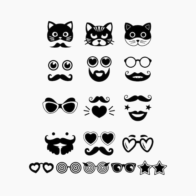 Gato cabeza bigote gafas hipster silueta iconos conjunto ilustración vectorial