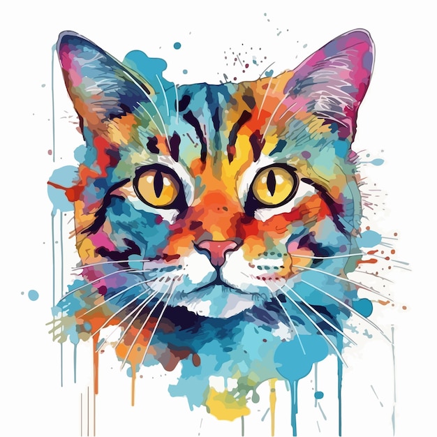 Vector un gato con cabeza colorida y ojos amarillos.