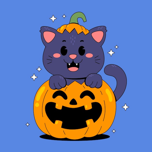 un gato en una calabaza de Halloween