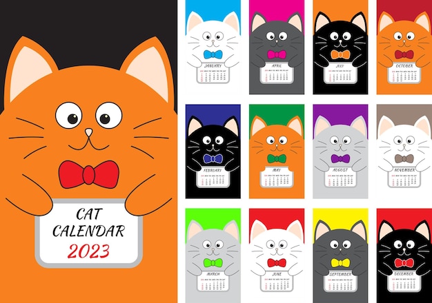 Gato calendario mensual vertical 2023 portada Todo el mes Conjunto de personajes de dibujos animados lindo Vector plano