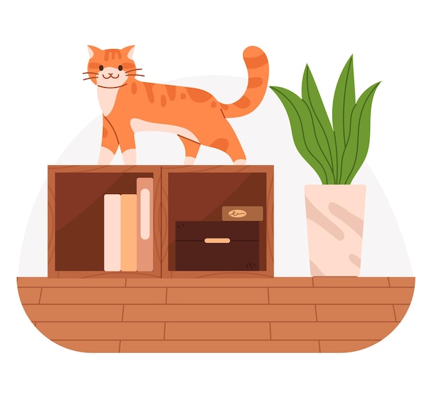 Vector el gato está caminando en la estantería ilustración vectorial de un gato en la casa