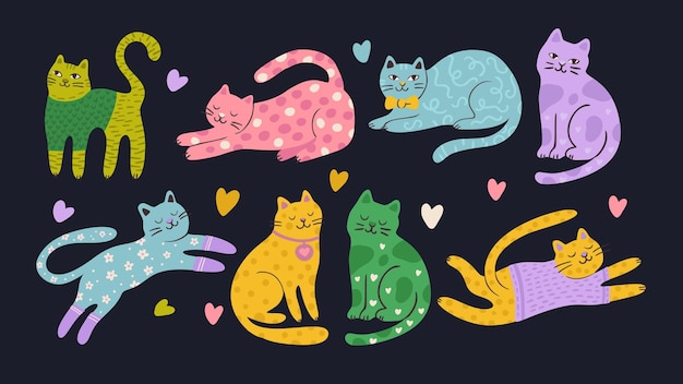 Gato caprichoso Ilustración de mascotas lindas Vector plano peculiar Animales de dibujos animados Conjunto de personajes felices