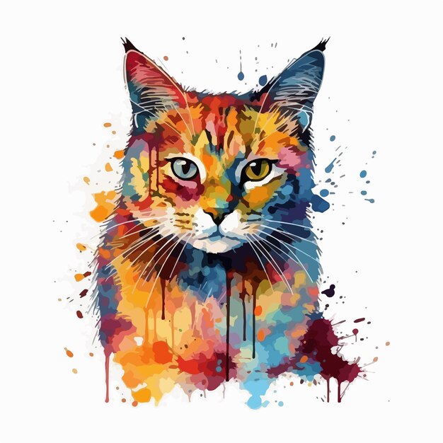 Vector un gato con una cara colorida y ojos amarillos.