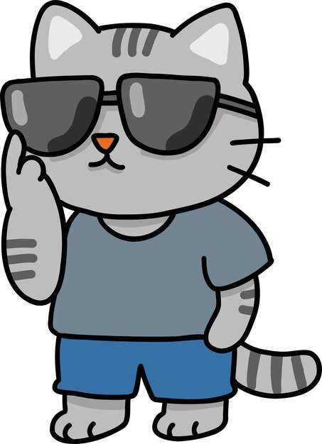Gato y carrera dibujado a mano Gato de dibujos animados con gafas de sol y ropa casual