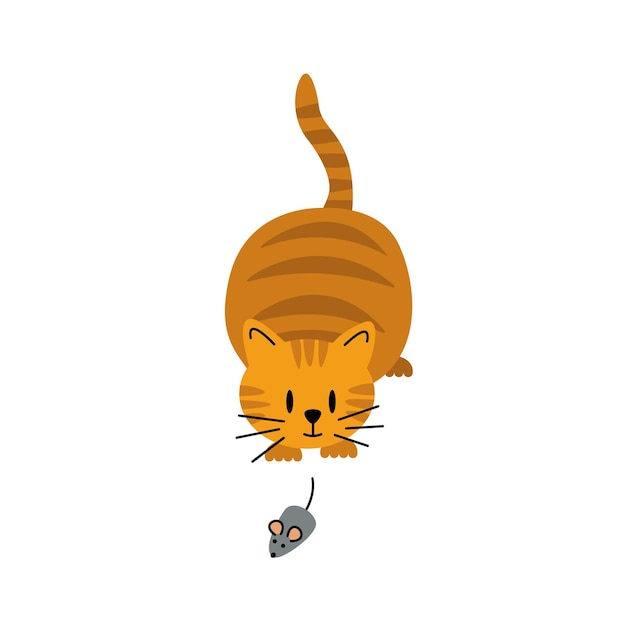 El gato está cazando al ratón kitten flat vector de dibujos animados