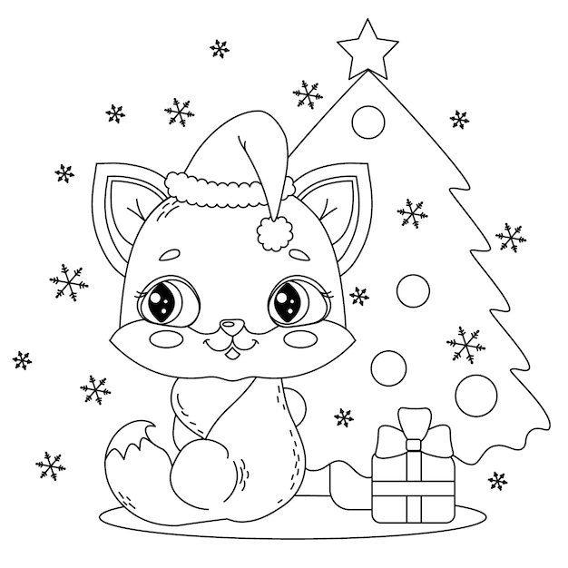 Gato para colorear para niños cerca del árbol de Navidad