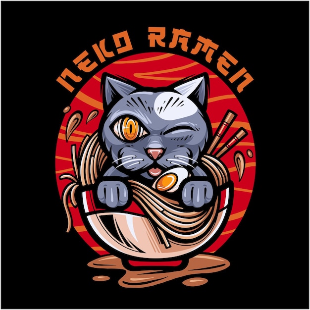 Vector gato come fideos ramen con palillos