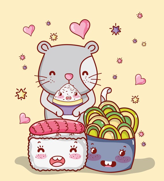 Vector gato y comida japonesa kawaii