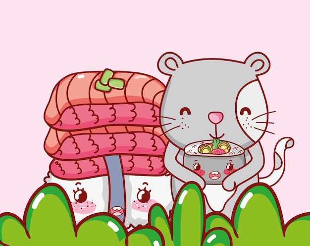 Gato y comida japonesa kawaii