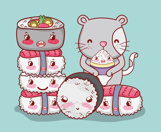 Vector gato y comida japonesa kawaii