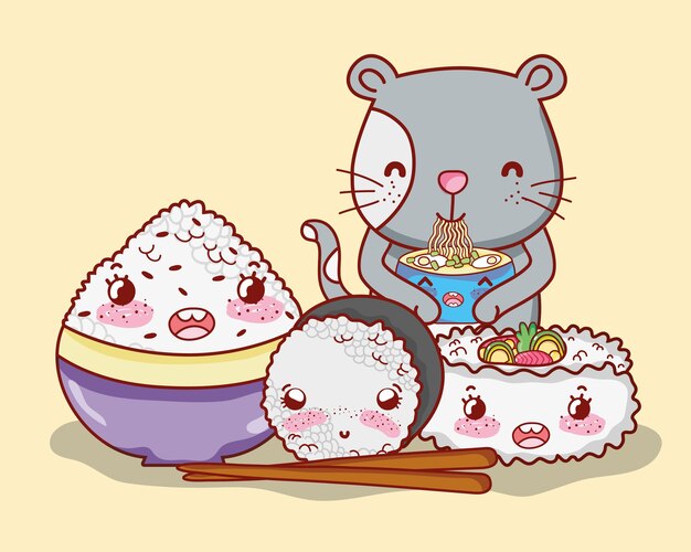 Vector gato y comida japonesa kawaii