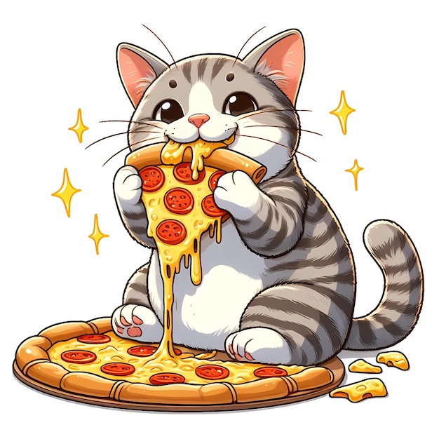 Vector el gato se está comiendo una rebanada de pizza ia generativa