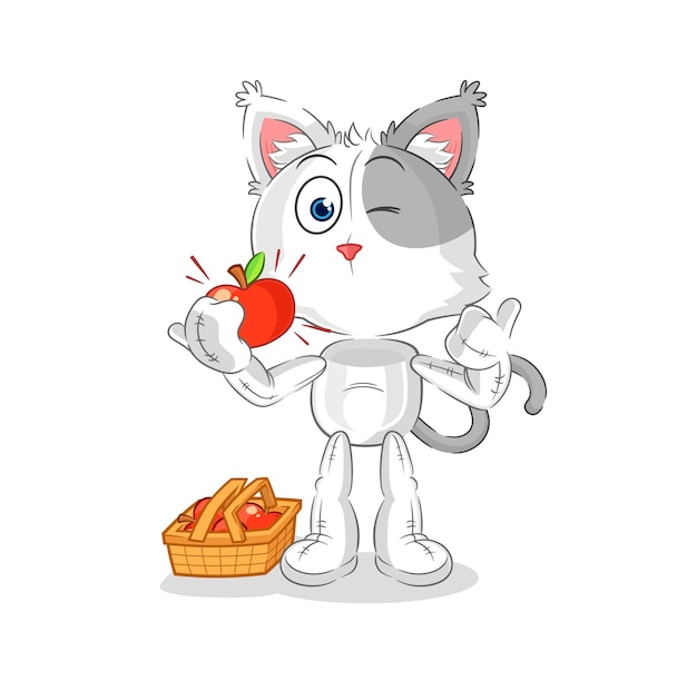 Gato comiendo un vector de caracteres de ilustración de manzana