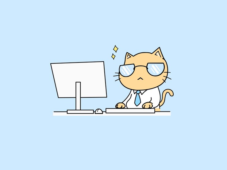 Gato como un trabajador de oficina serio trabajando frente a la computadora