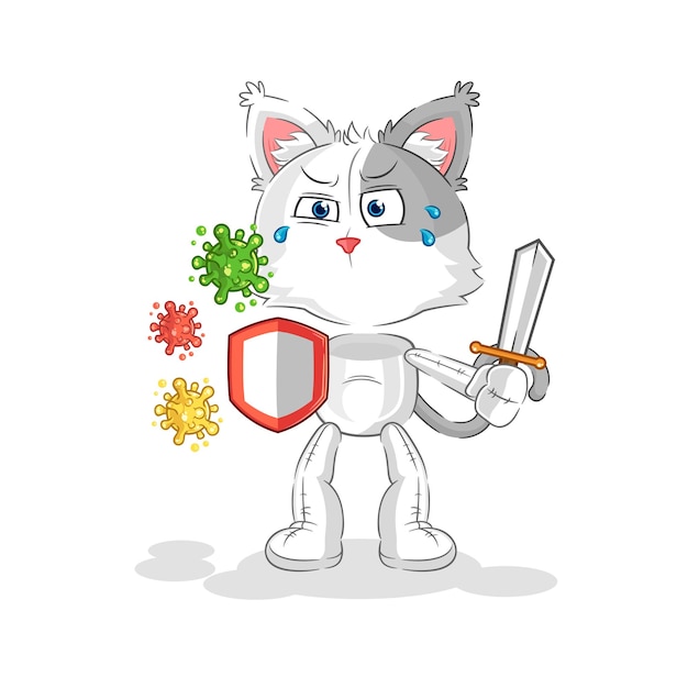 gato, contra, virus, caricatura, caricatura, mascota, vector