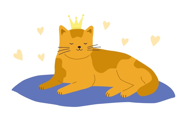 Un gato con una corona en la cabeza está acostado sobre una almohada.