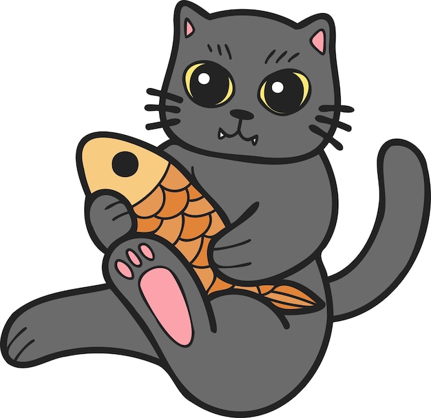 Gato dibujado a mano comiendo ilustración de pescado en estilo garabato