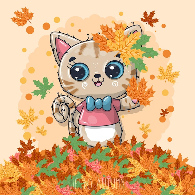 Gato dibujado a mano con otoño
