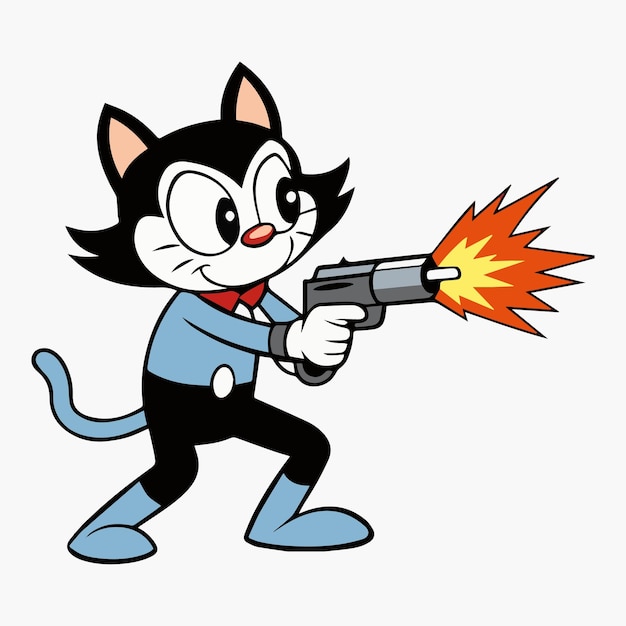 un gato de dibujos animados con un arma apuntando a la derecha