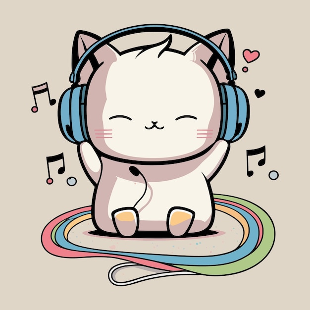 Vector un gato de dibujos animados con auriculares y un arco iris.