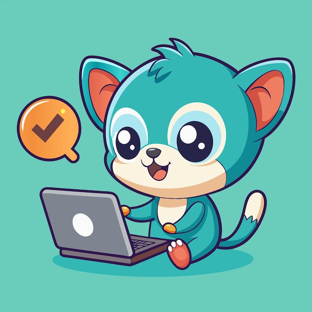 un gato de dibujos animados con un botón amarillo en la espalda está jugando con una computadora portátil