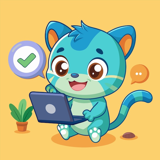 un gato de dibujos animados con un botón verde en la espalda está sosteniendo una computadora portátil