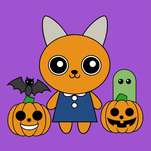 un gato de dibujos animados con calabazas y un fondo púrpura