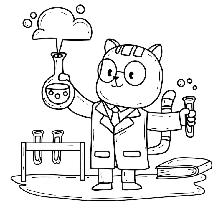 Vector gato de dibujos animados científico libro para colorear aislado sobre fondo blanco.