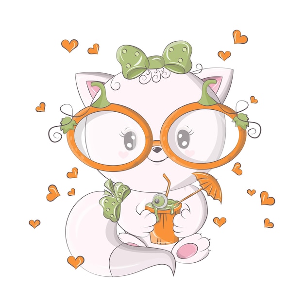 Gato de dibujos animados con cóctel de calabaza. Ilustración vectorial de animales de Halloween.