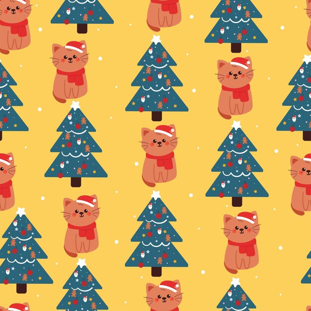 Gato de dibujos animados sin costuras con árbol de Navidad Papel de pared lindo de Navidad e invierno