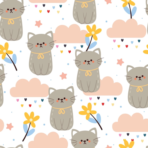 Gato de dibujos animados sin costuras con elemento de flor y cielo papel tapiz de animal lindo para textiles