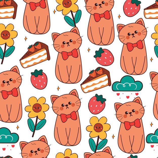 Gato de dibujos animados sin costuras con postre y flor papel tapiz de animal lindo para impresión de tela