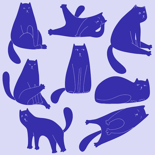 Gato de dibujos animados con diferentes poses y emociones dibujadas en estilo garabato comportamiento del gato lenguaje corporal