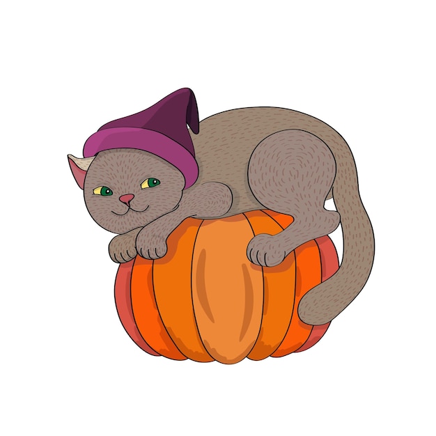 Gato de dibujos animados divertidos de vacaciones de Halloween se sienta en una calabaza en un sombrero El gatito se ve astuto