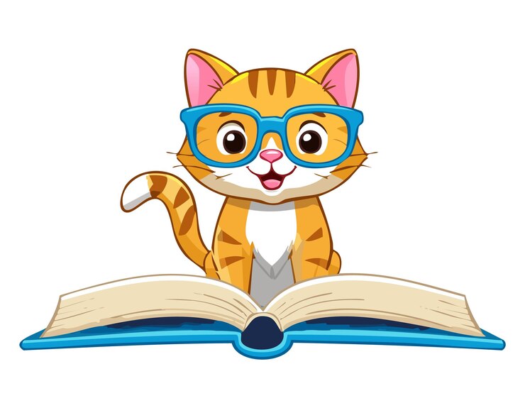 un gato de dibujos animados está leyendo un libro con un libro titulado gato