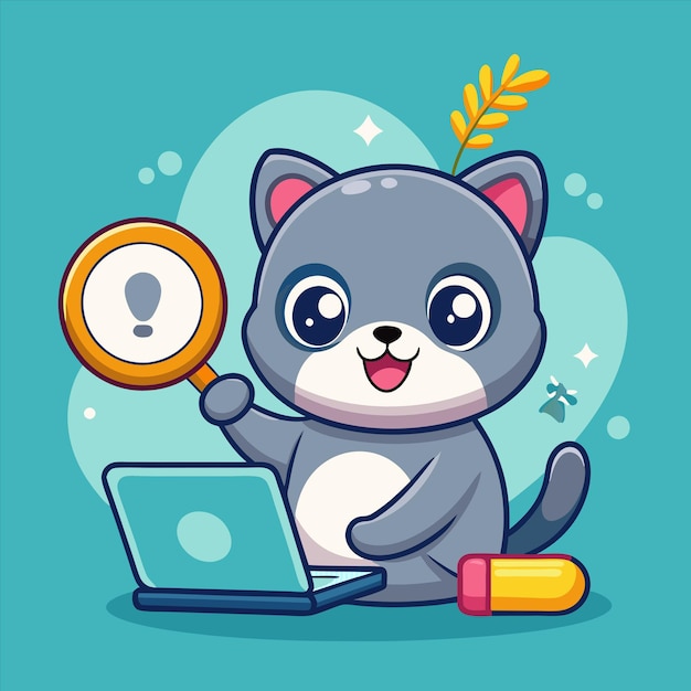 un gato de dibujos animados está mirando una computadora portátil con una lupa