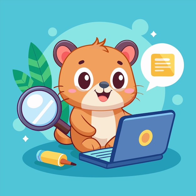 un gato de dibujos animados está mirando una computadora portátil con una lupa
