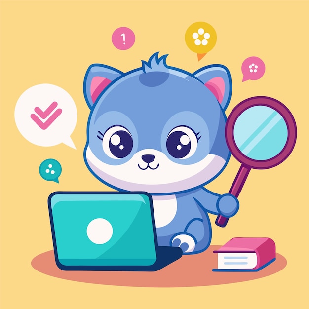 un gato de dibujos animados está mirando una computadora portátil con una lupa