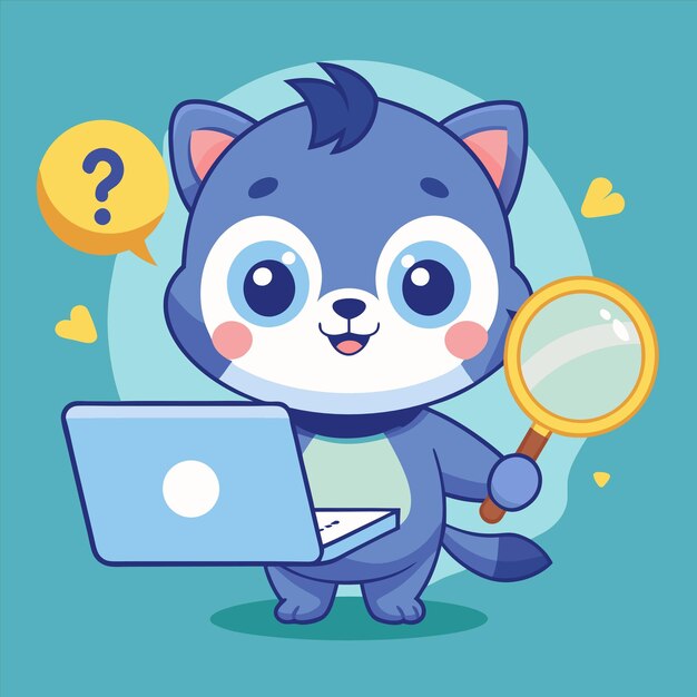 un gato de dibujos animados está mirando una computadora portátil con una lupa