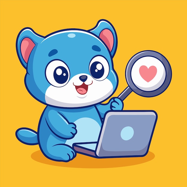 un gato de dibujos animados está mirando una computadora portátil y tiene una lupa en la boca