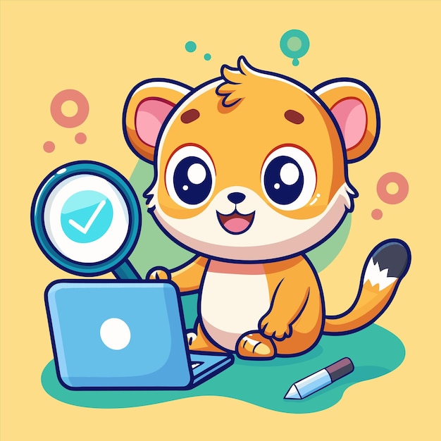 un gato de dibujos animados está mirando una computadora portátil y tiene una lupa delante de él