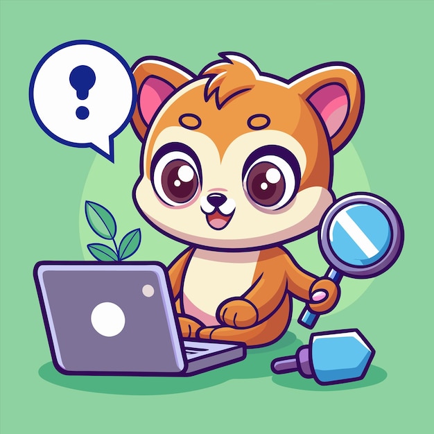 un gato de dibujos animados está mirando una computadora portátil y tiene una lupa delante de él