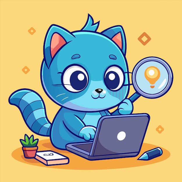 un gato de dibujos animados está mirando una computadora portátil y tiene una lupa en ella