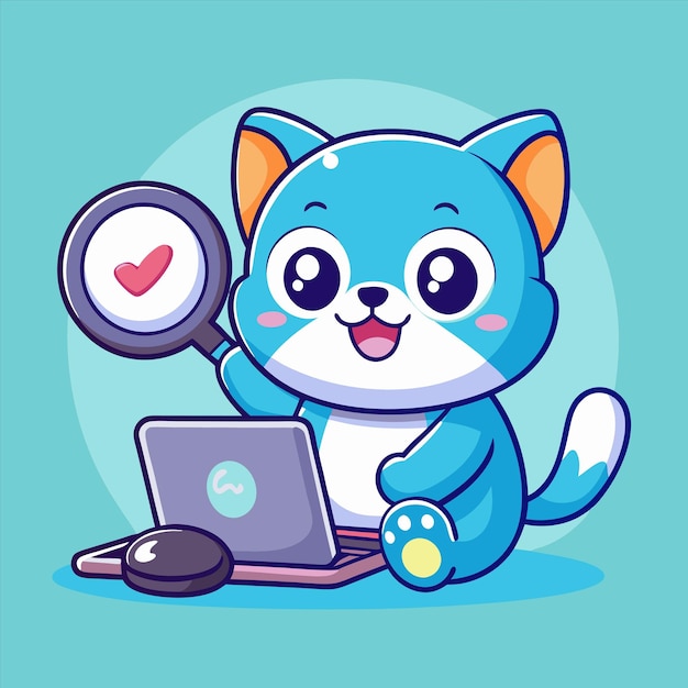 un gato de dibujos animados está mirando una computadora portátil y tiene una lupa en el medio