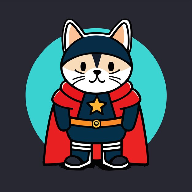 Un gato de dibujos animados con una estrella en su capa se para en un círculo.