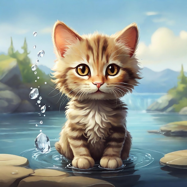 Vector un gato de dibujos animados con fondo de agua